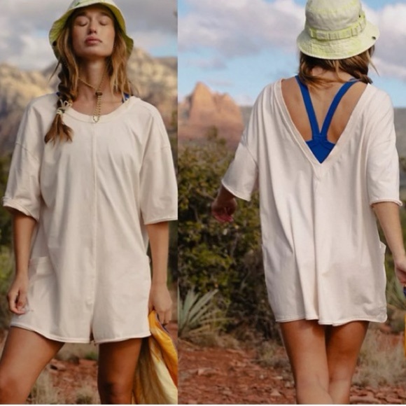 Free People Hot Shot Tee Romper with Pockets in Bleached Clay Size XL NW… - Picture 1 of 9